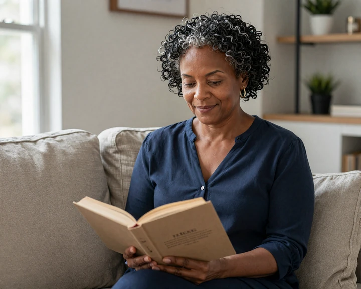 Mature African American woman reading at home, illustrating trusted online dating profiles on Vikiline