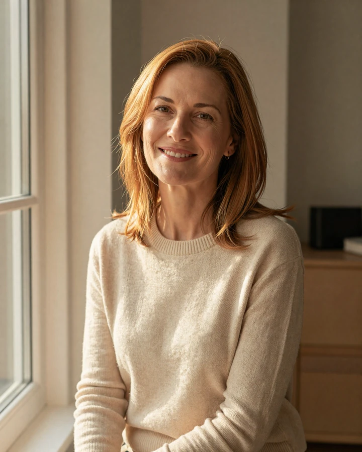 Mature American woman in her early fifties smiling warmly at home, representing genuine members on Vikiline serious relationship dating site